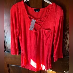 Bebe Red Ribbed Knit Crisscross Neck Top NWT Size M